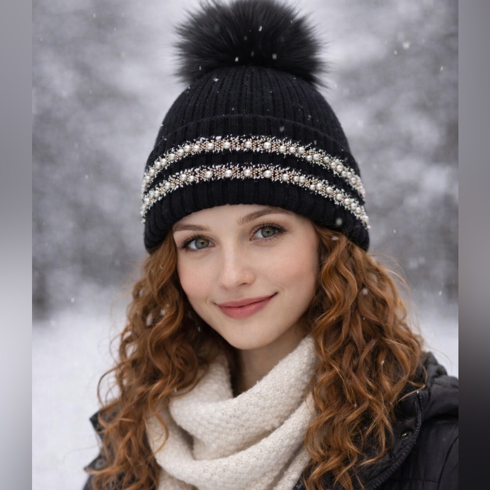 TIME AND TRU  like new Black Knit Beanie with Faux Fur Pom with pearls